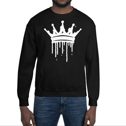 Person wearing a black sweatshirt with a white crown graphic on a white background