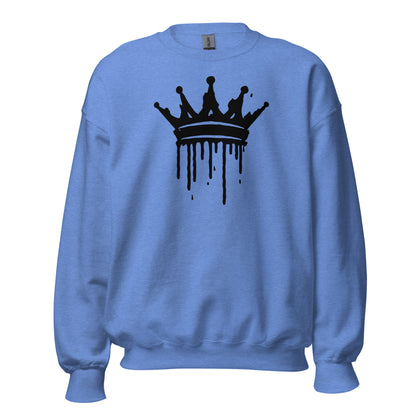 Blue sweatshirt with a black crown design on a white background