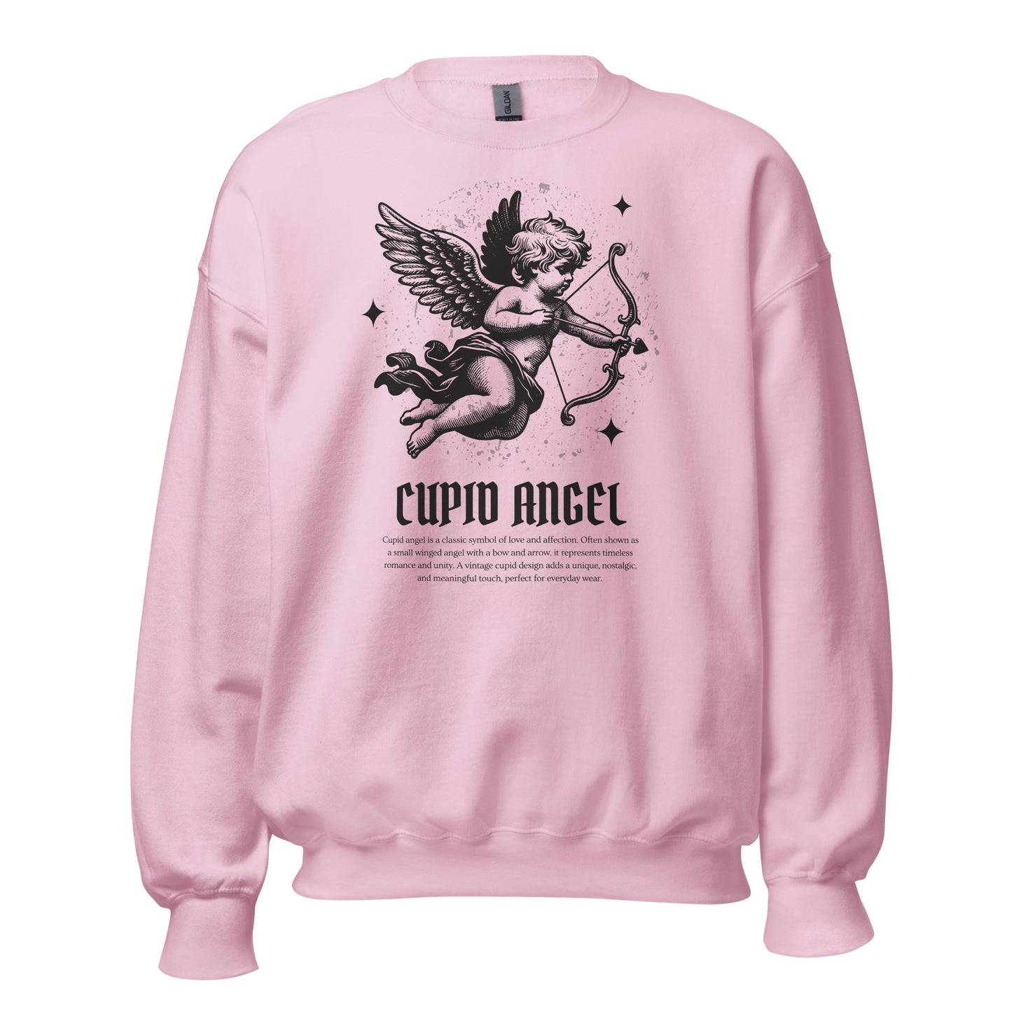 Pink sweatshirt with Cupid angel graphic and text on a white background
