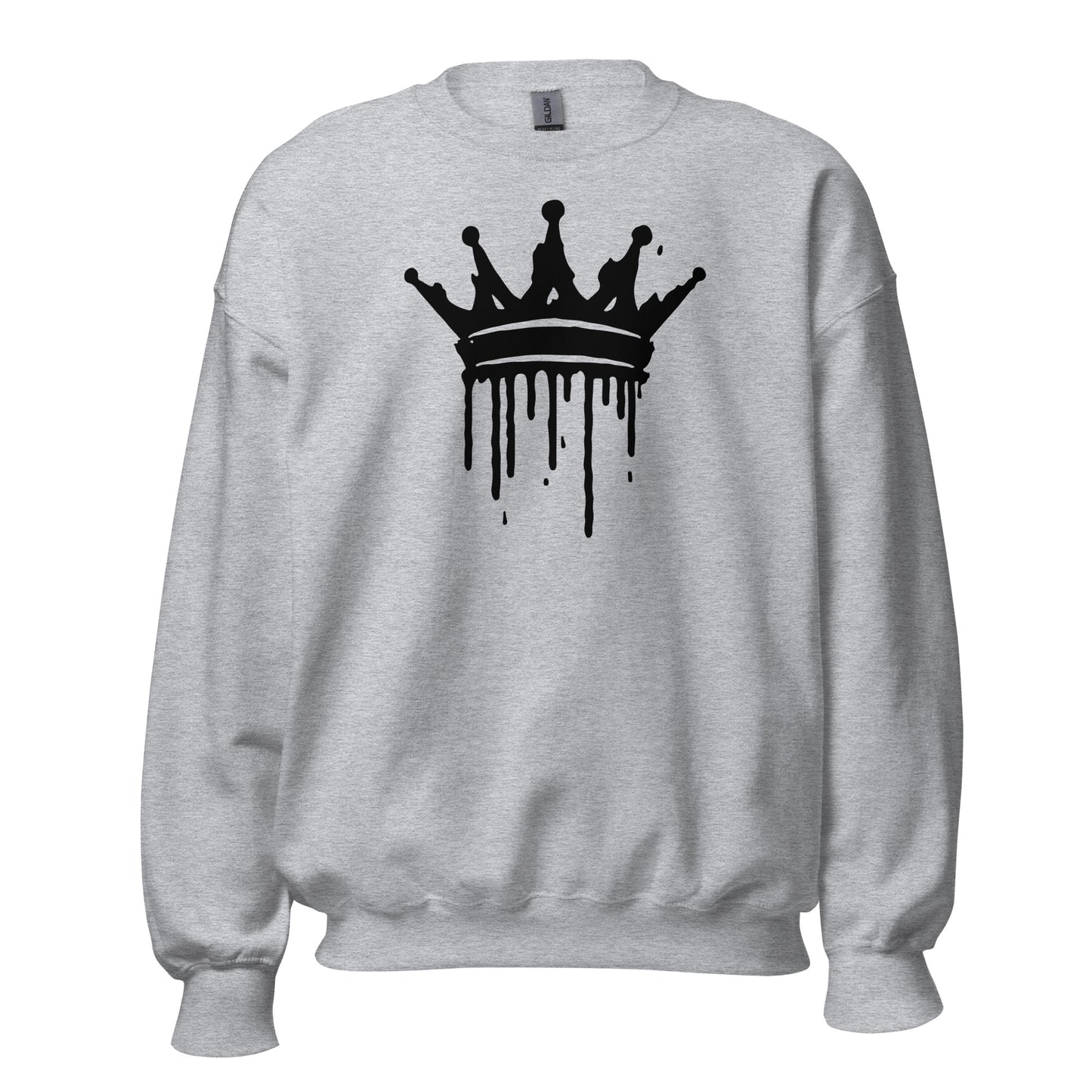 Gray sweatshirt with a black crown graphic on a white background