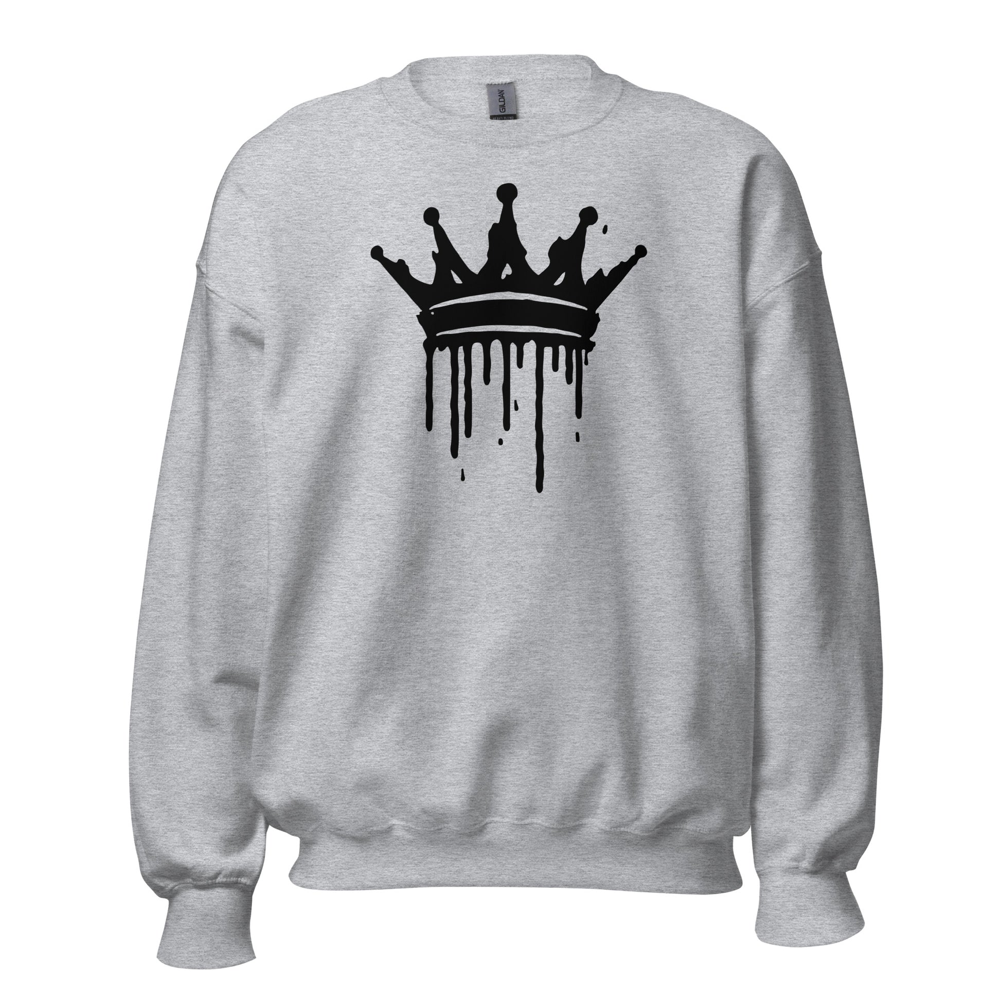 Gray sweatshirt with a black crown graphic on a white background