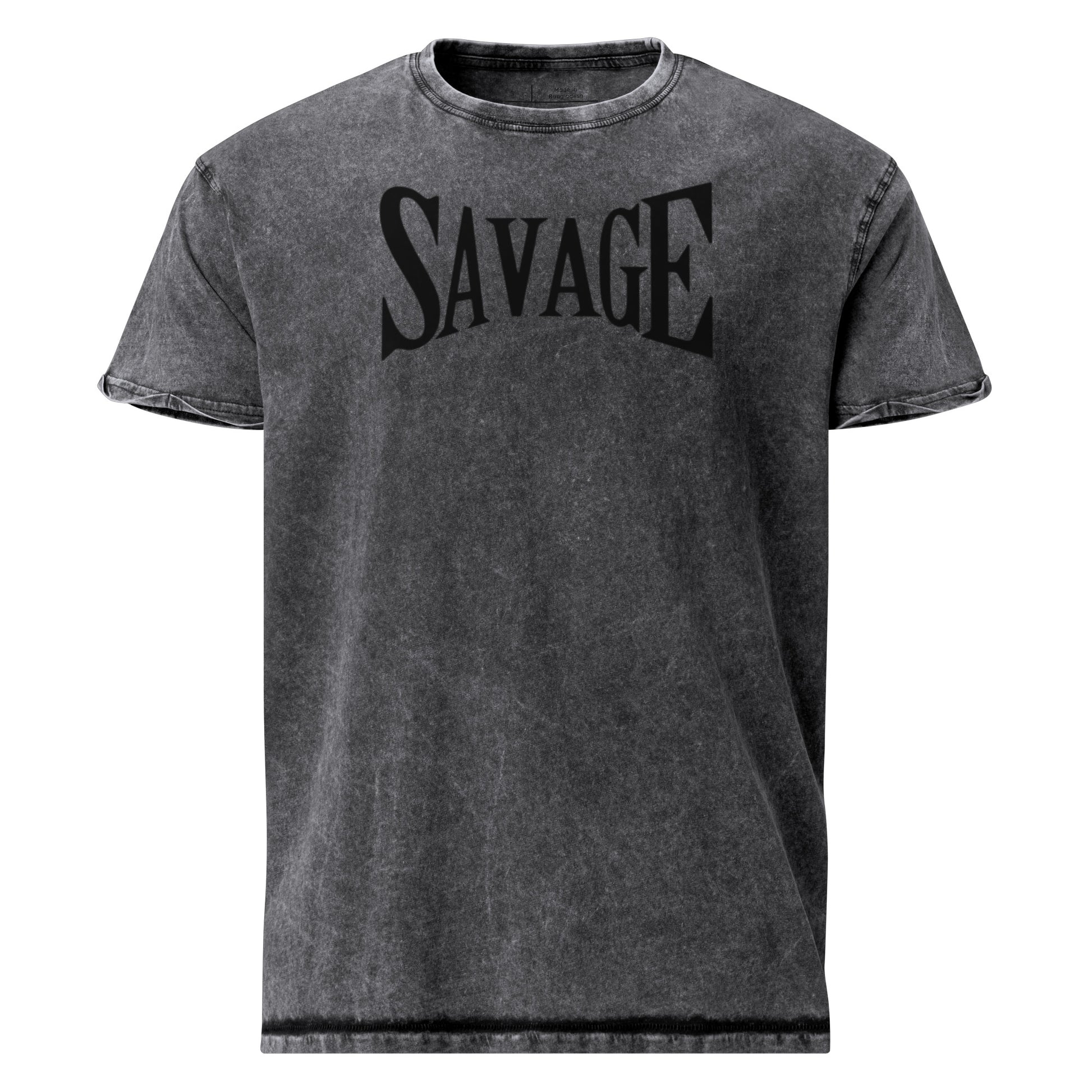 Black t-shirt with a blue surfboard design and text on a white background