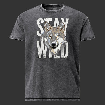 Black t-shirt with a wolf graphic and 'Stay Wild' text on a white background