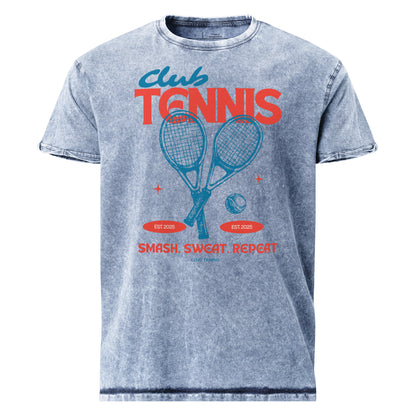Gray t-shirt with 'Club Tennis' graphic design featuring tennis rackets and ball on a white background.
