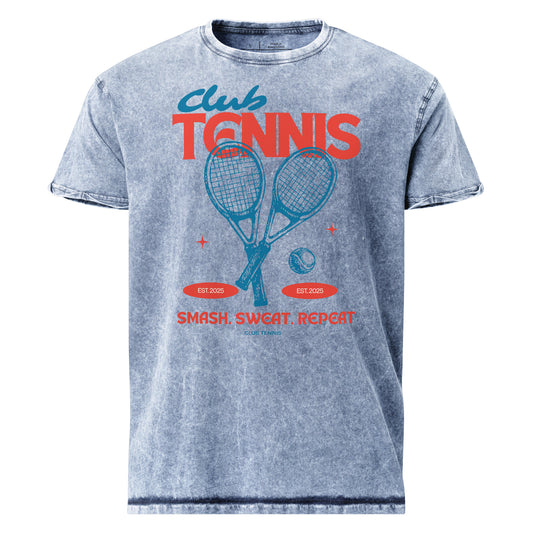 Gray t-shirt with 'Club Tennis' graphic design featuring tennis rackets and ball on a white background.