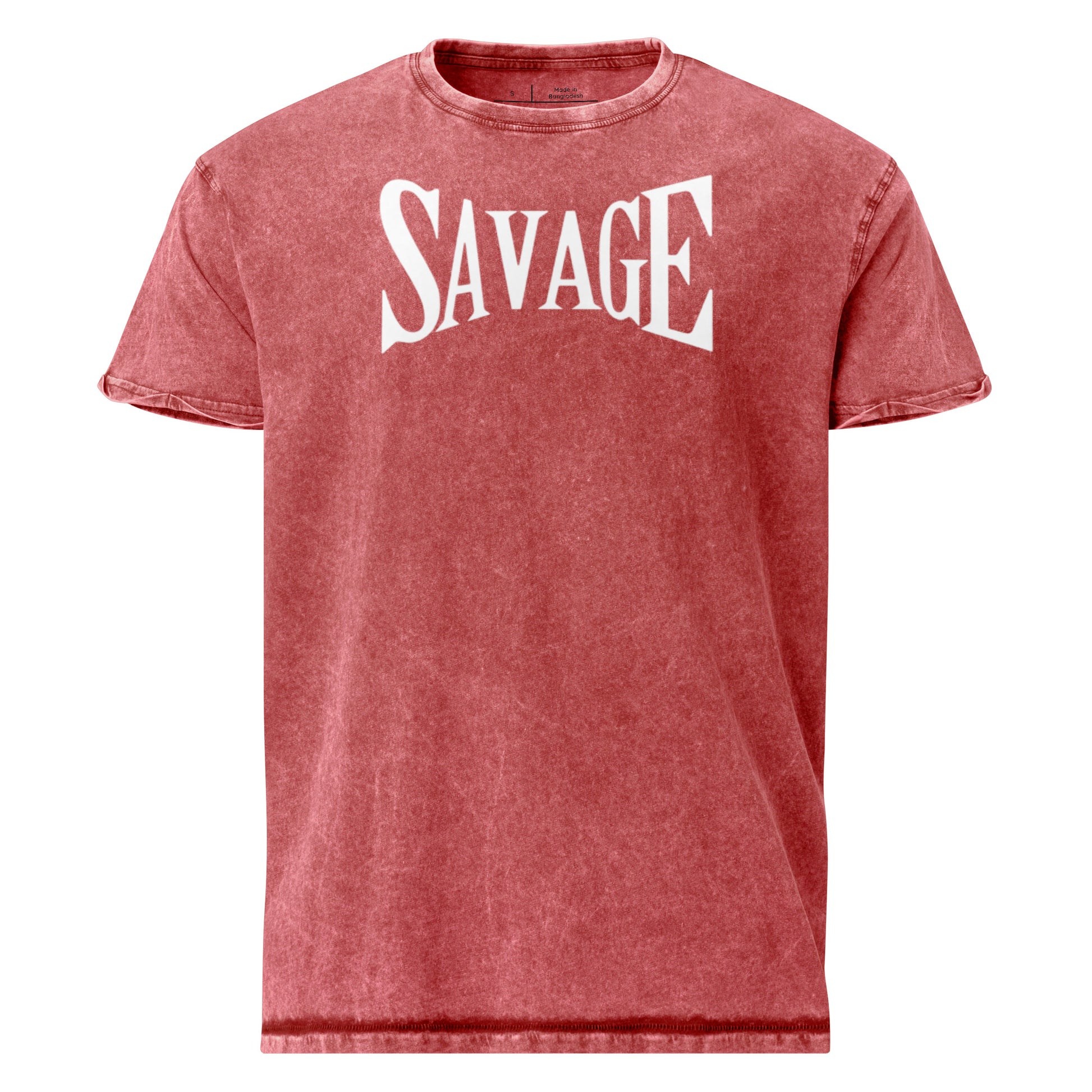 Red t-shirt with 'SAVAGE' printed in white on a white background