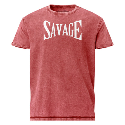 Red t-shirt with 'SAVAGE' printed in white on a white background