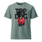 Green t-shirt with a black puppy in a red sweater graphic and 'Top Dog' text on a white background