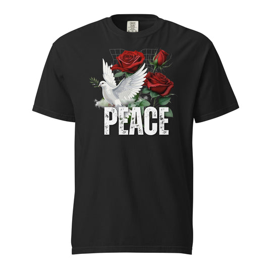 Black t-shirt with a white dove and red roses design on a white background