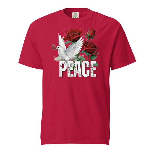 Red t-shirt with a white dove and roses design on a white background