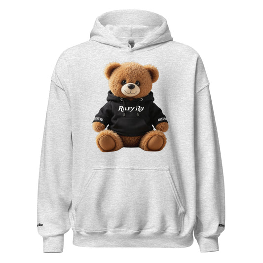 Gray hoodie with a teddy bear wearing a black hoodie on a white background