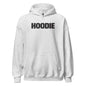Gray hoodie with 'HOODIE' printed on the chest against a white background