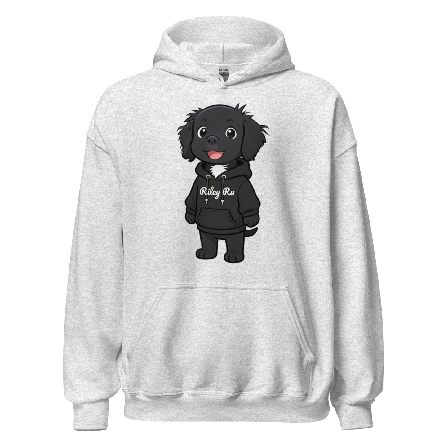 White hoodie with a black dog graphic and 'Riley Rus' text on a white background