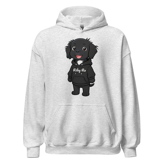 White hoodie with a black dog graphic and 'Riley Rus' text on a white background
