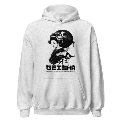 White hoodie with black geisha design and text on a white background
