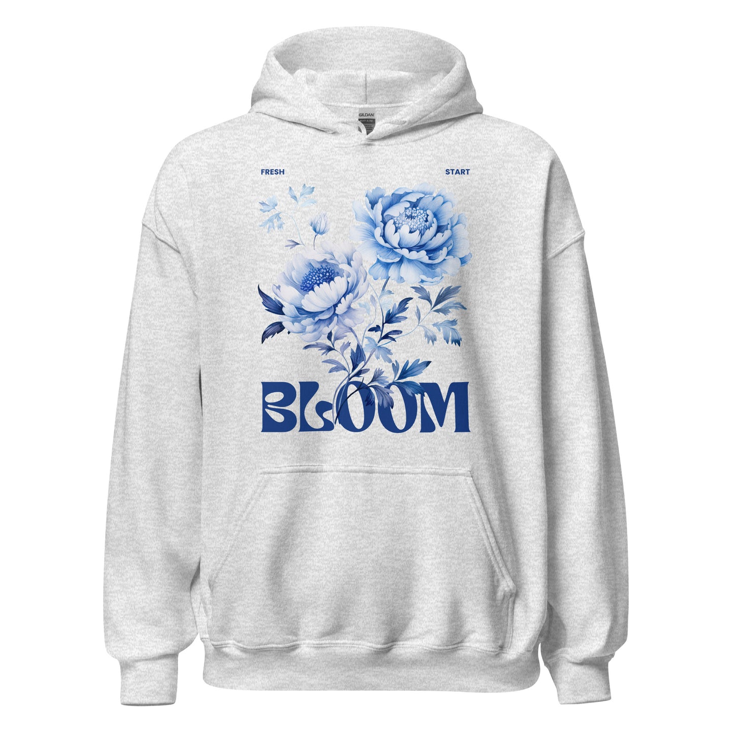 Gray hoodie with blue floral design and 'BLOOM' text on a white background