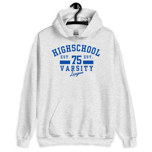 White hoodie with blue text on a white background