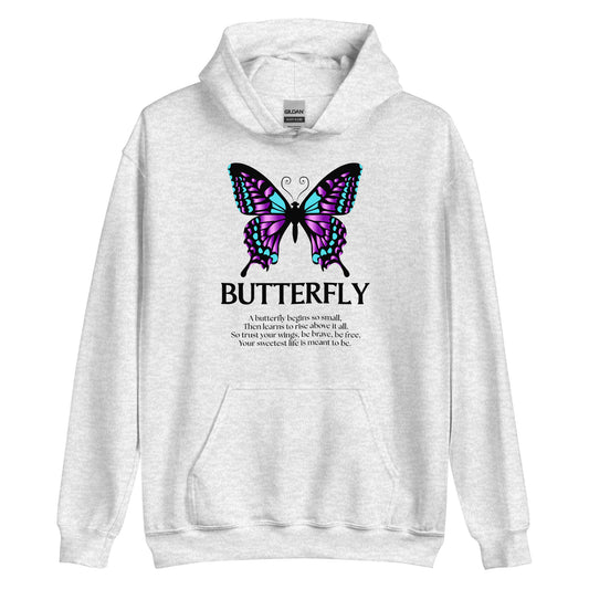 White hoodie with a butterfly design and text on a white background