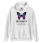 White hoodie with a butterfly design and text on a white background