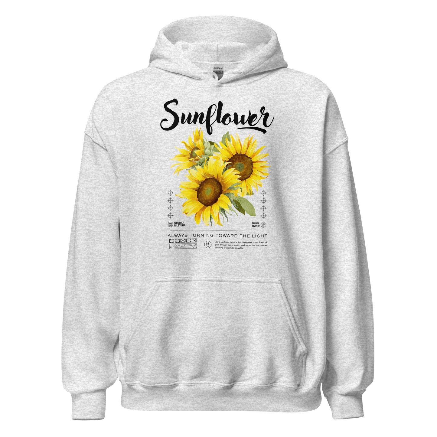 White hoodie with sunflower design and text on a white background