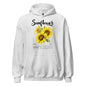 White hoodie with sunflower design and text on a white background
