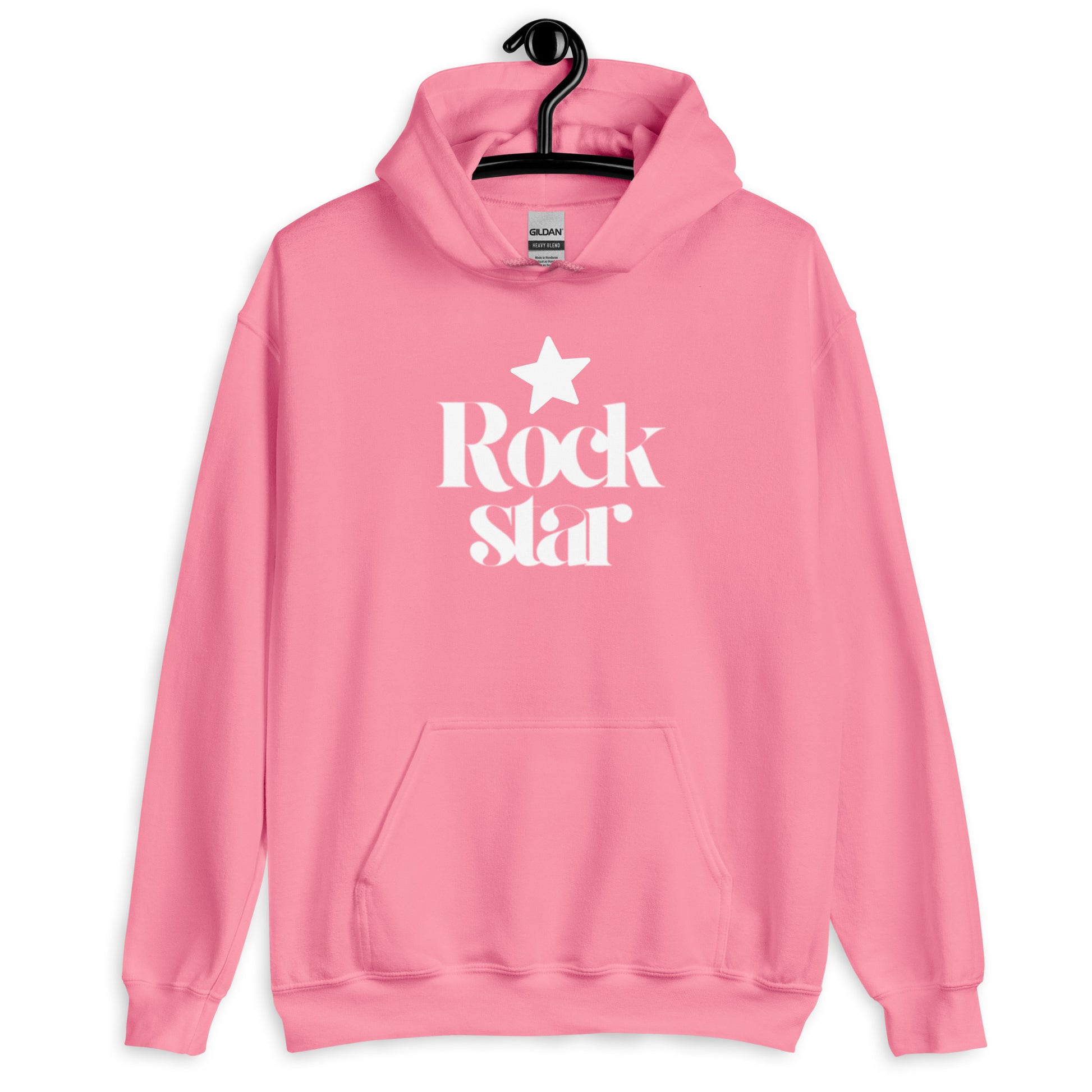 Pink hoodie with 'Rock Star' text on a white background