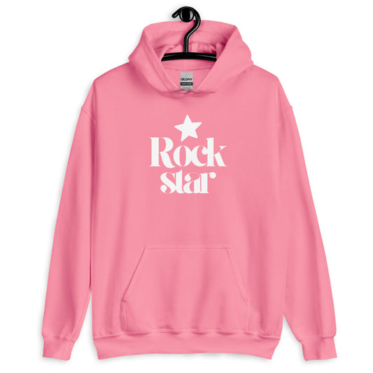 Pink hoodie with 'Rock Star' text on a white background