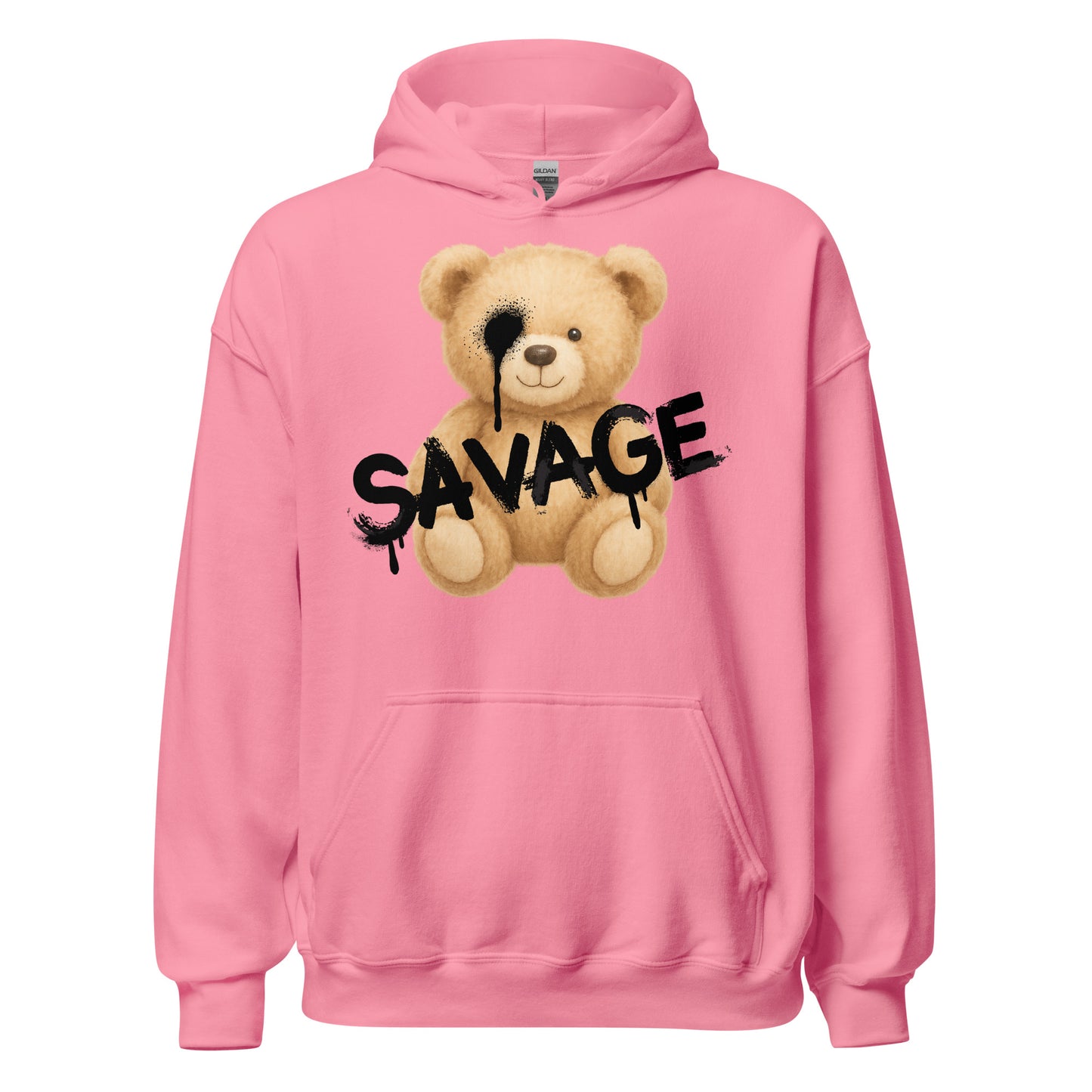 Pink hoodie with a teddy bear graphic and 'SAVAGE' text on a white background