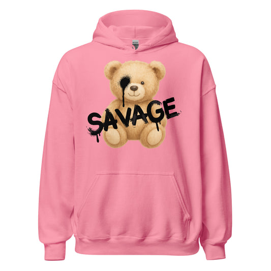 Pink hoodie with a teddy bear graphic and 'SAVAGE' text on a white background