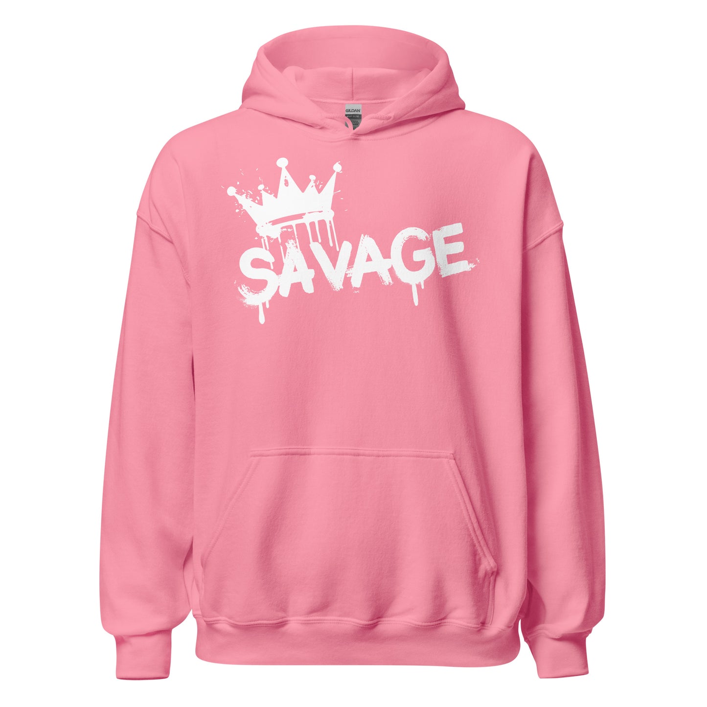 Pink hoodie with 'Savage' and crown design on a white background
