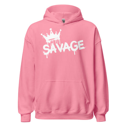Pink hoodie with 'Savage' and crown design on a white background