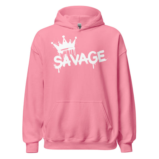 Pink hoodie with 'Savage' and crown design on a white background