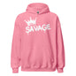 Pink hoodie with 'Savage' and crown design on a white background