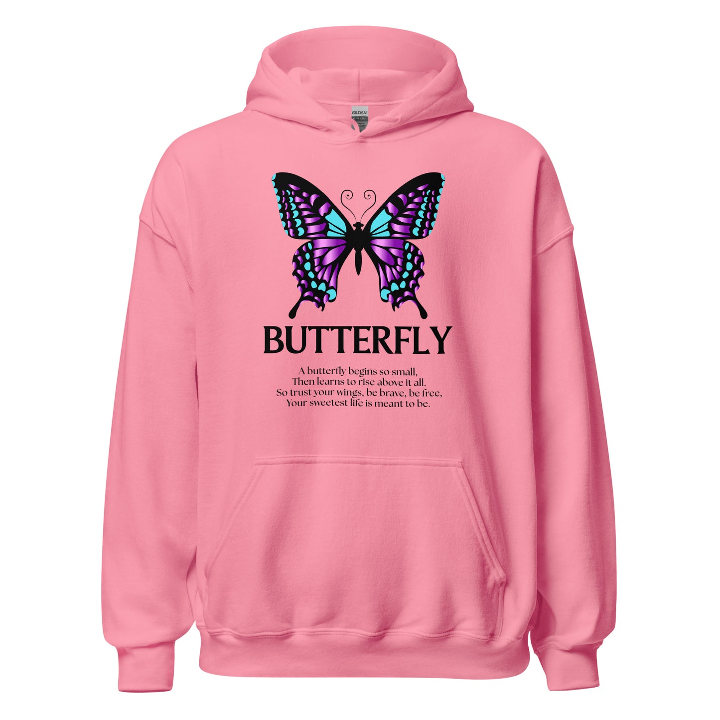 Pink hoodie with a butterfly design and text on the back against a white background