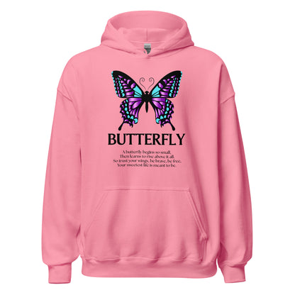 Pink hoodie with a butterfly design and text on the back against a white background