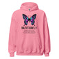 Pink hoodie with a butterfly design and text on the back against a white background