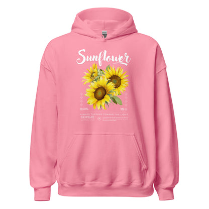 Pink hoodie with sunflower design and text on a white background