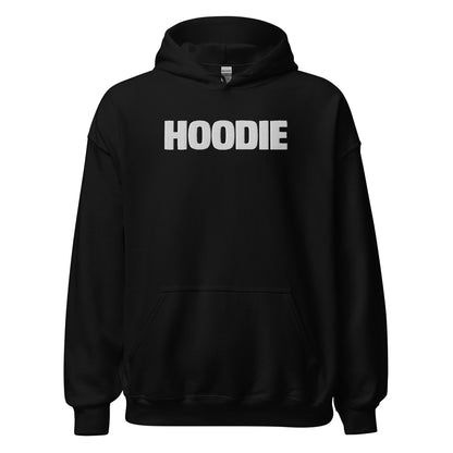 Black hoodie with 'HOODIE' printed on it against a white background