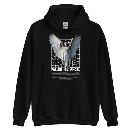 Black hoodie with a graphic of a fallen angel on a white background