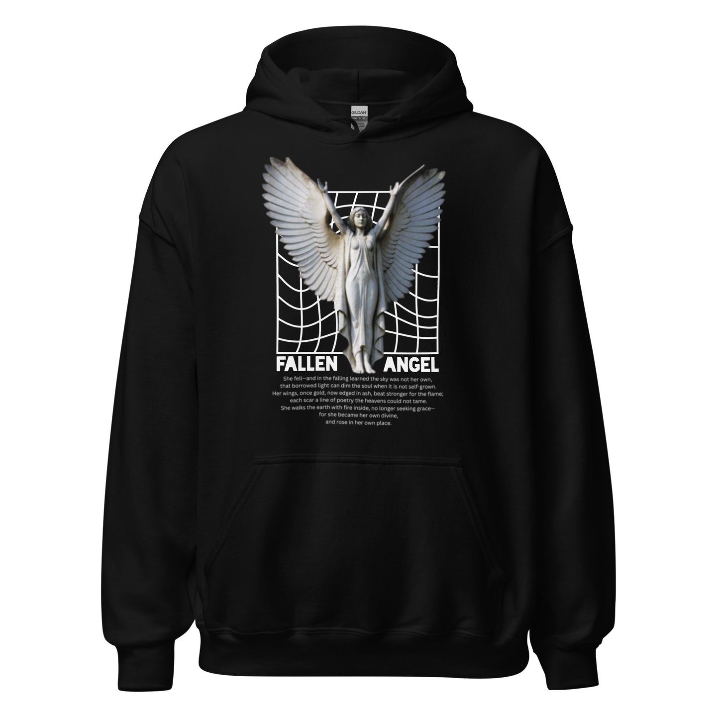 Black hoodie with a graphic of a fallen angel on a white background
