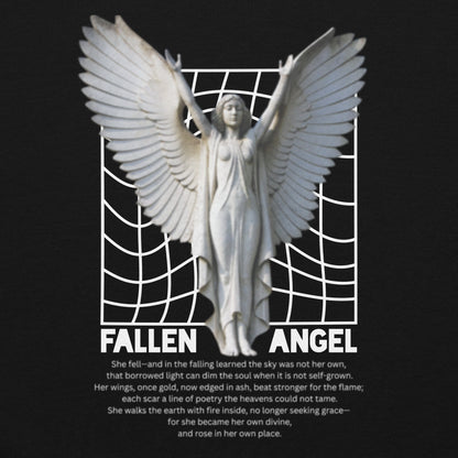 Statue of an angel with text on a black background