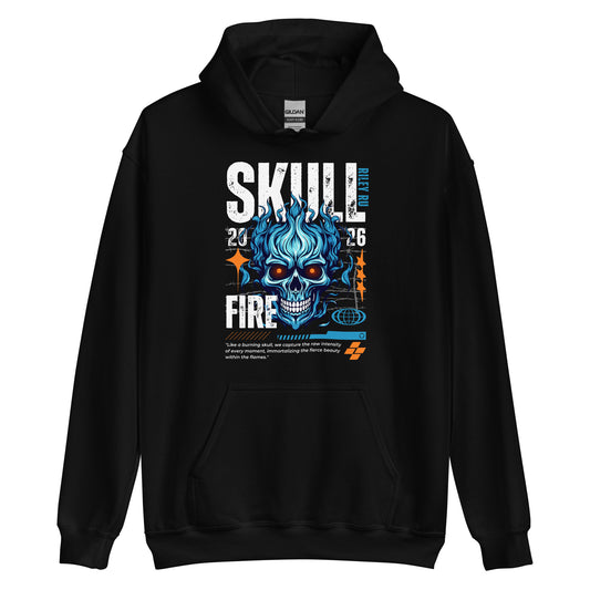 Black hoodie with a blue skull design and text on a white background
