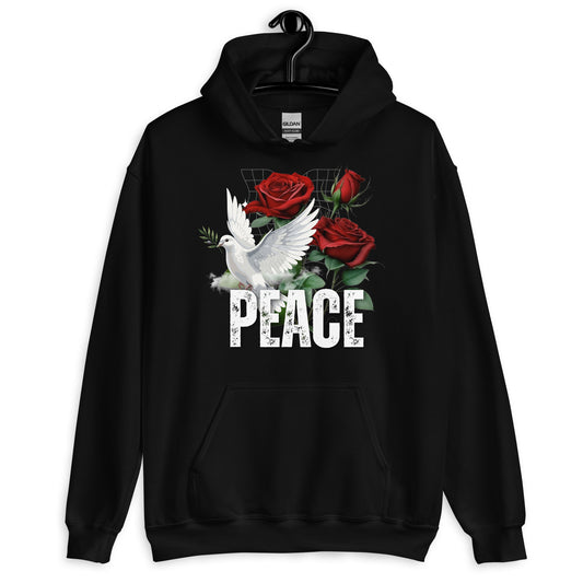 Black hoodie with a dove and roses design and the word 'PEACE'.