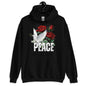 Black hoodie with a dove and roses design and the word 'PEACE'.