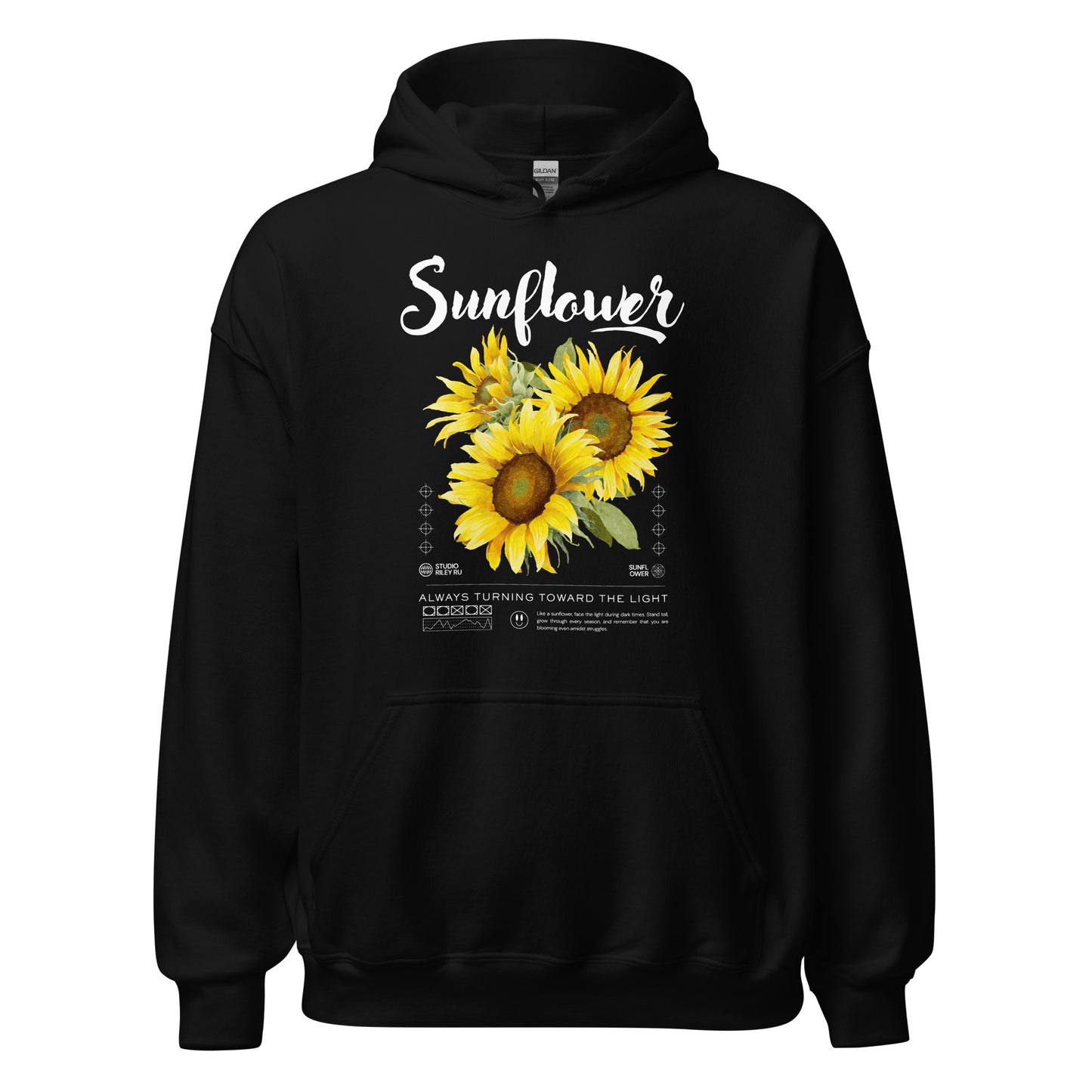 Black hoodie with sunflower design and text on a white background