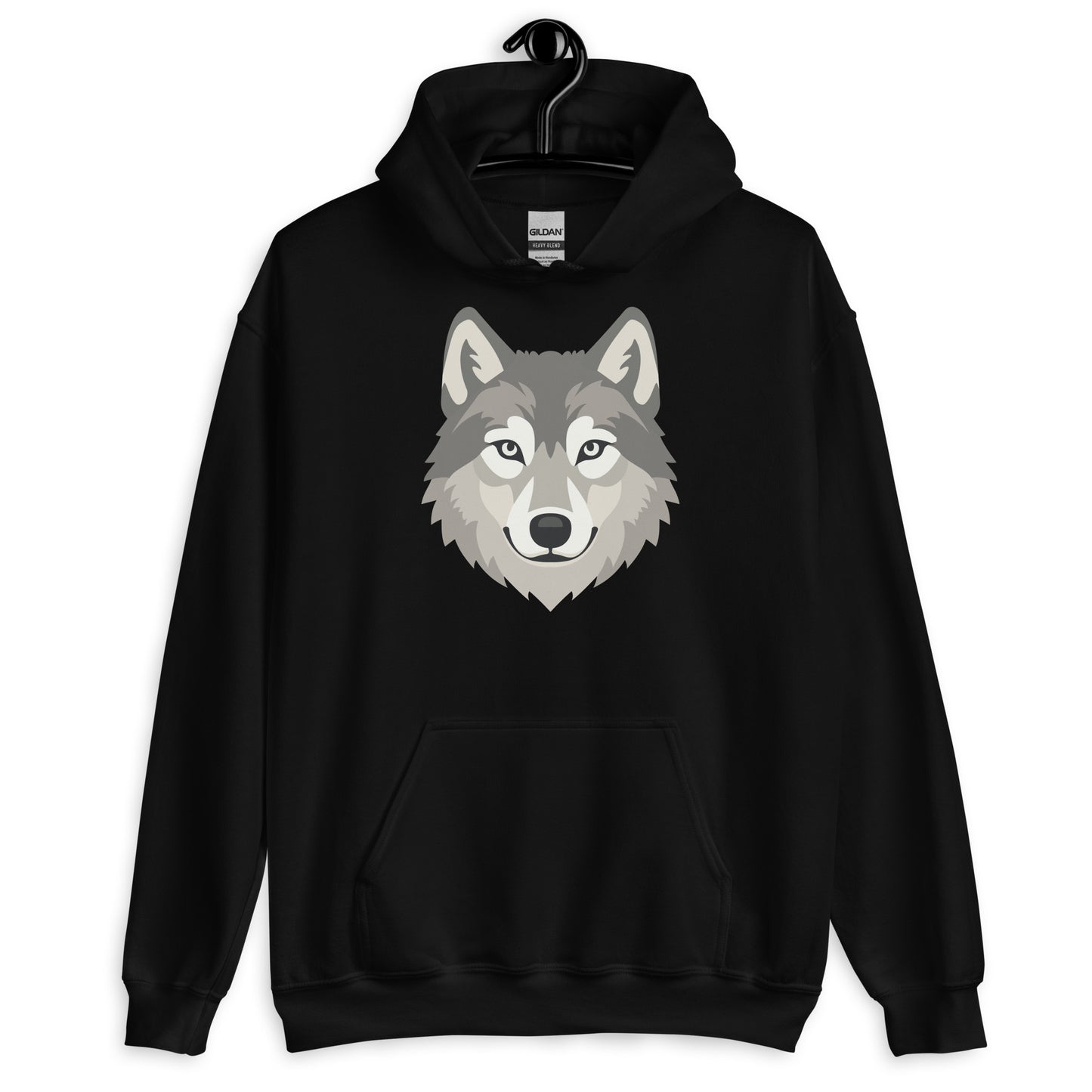 Black hoodie with a wolf graphic on a white background