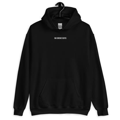 NO BROKE BOYS White Embroidered Lyrics Unisex Hoodie
