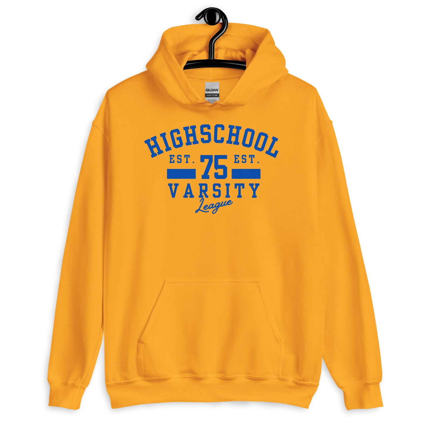 Yellow hoodie with blue text on a white background