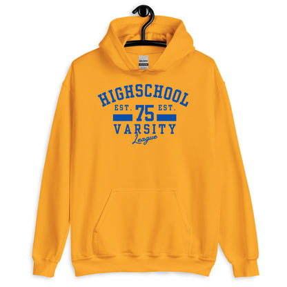 Yellow hoodie with blue text on a white background