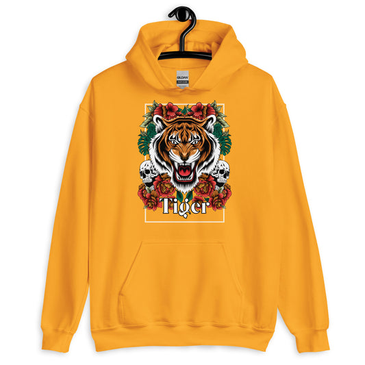 Yellow hoodie with a tiger graphic on a hanger against a white background